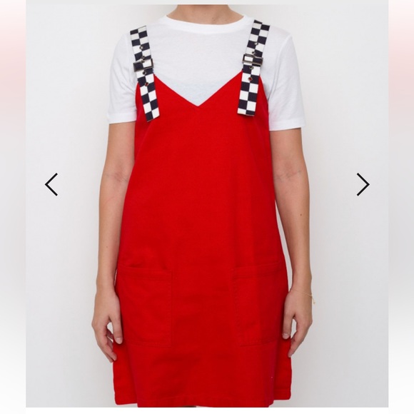 Lazy Oaf Checkered Buckle-Strap Pinafore Red Mini Dress - Picture 4 of 15
